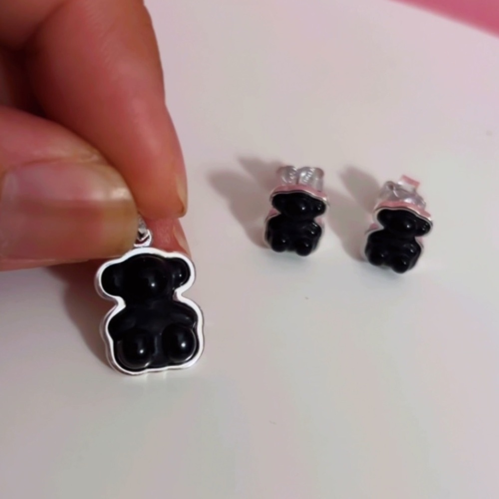 Tous Black Bear Earrings and Pendant Set